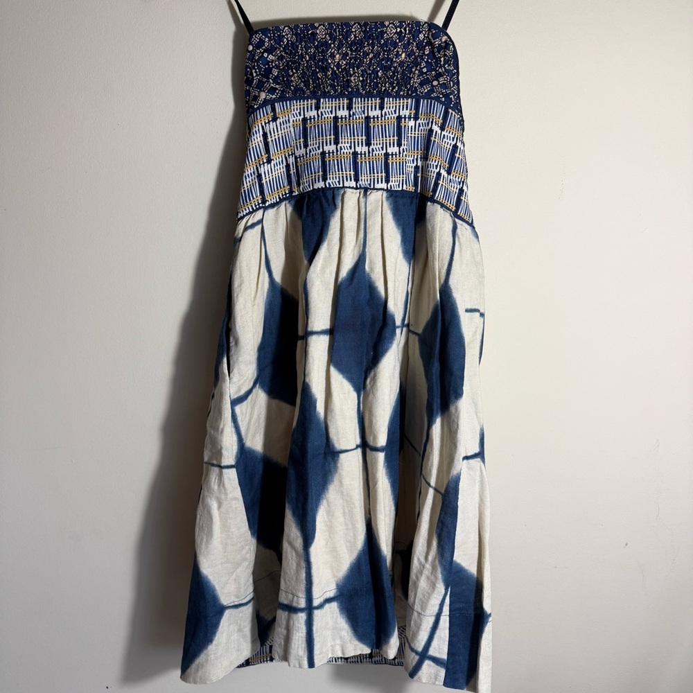 Maeve Magellan Blue and Cream Textured Strapless Dress